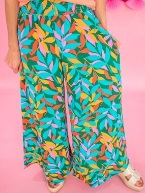 Vibrant Leaf Print Wide-Leg Pants - Teal Multi
